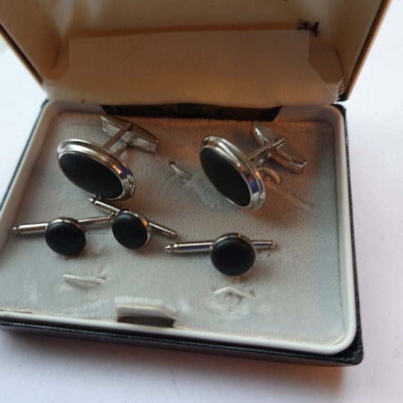 Black Silver Formal Tuxedo Cufflinks Studs - Picture 2 of 3